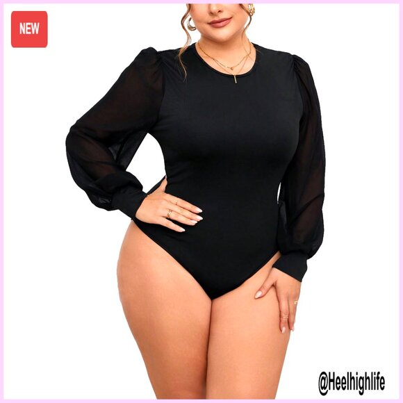 Plus Size Mesh Long Sleeve Bodysuit Crew Neck Stretchy Jumpsuit